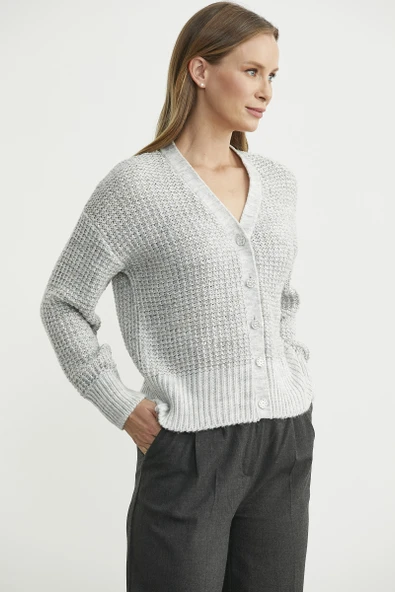 Payet Detaylı Yünlü Triko Hırka - Gri - Resim 4