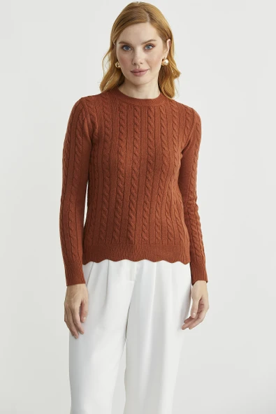 Dilimli Saç Örgülü Triko Kazak - Kiremit ürün görseli 1