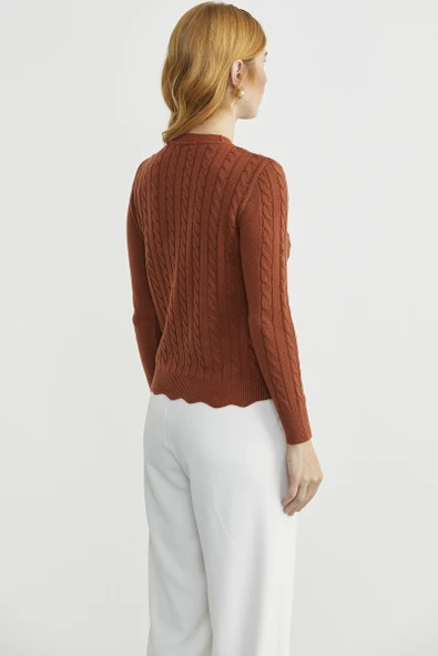 Dilimli Saç Örgülü Triko Kazak - Kiremit - Resim 5