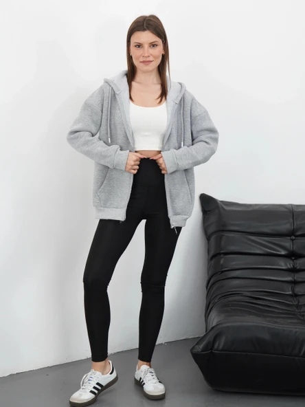 3 iplik şardonlu fermuarlı kapşonlu hırka gri - Resim 4