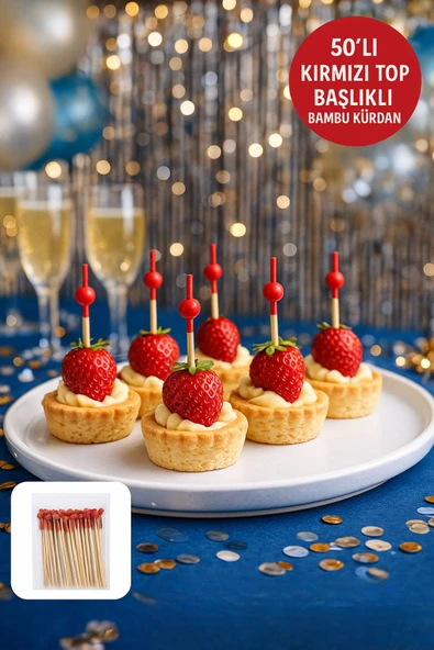 50’li Kırmızı Top Başlıklı Bambu Kürdan – Tatlı, Kanape ve Kokteyl Sunum Kürdanı ürün görseli 1