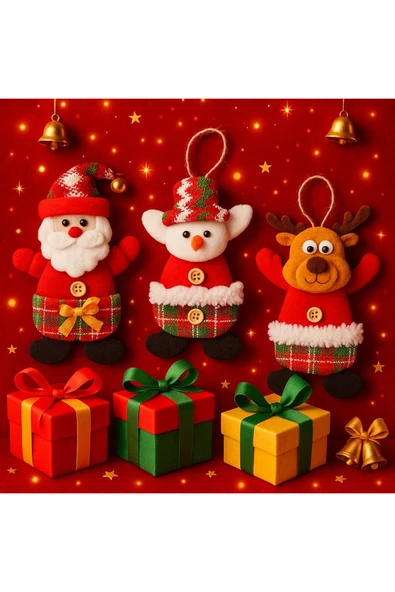 3'Lü Peluş Karakterlerle Eğlenceli Yeni Yıl Dekoru Noel Figürleri Yılbaşı Ağaç Süsleri 17 Cm x 11 Cm - Resim 2