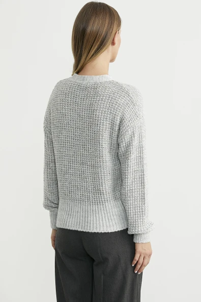 Payet Detaylı Yünlü Triko Hırka - Gri - Resim 6