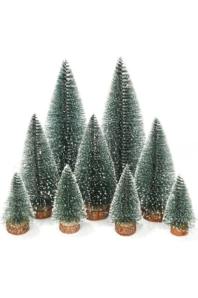 Yeni Yıl Dekoru Kar Efektli 9 Adet Yılbaşı Mini Çam Ağaçları Seti Doğal Ahşap Tabanlı 8 - 12 - 15 CM - Resim 4