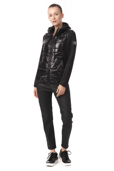 Kadın Kapüşonlu Parlak Şişme Ön, Fermuar Detaylı Spor Mont - Resim 8