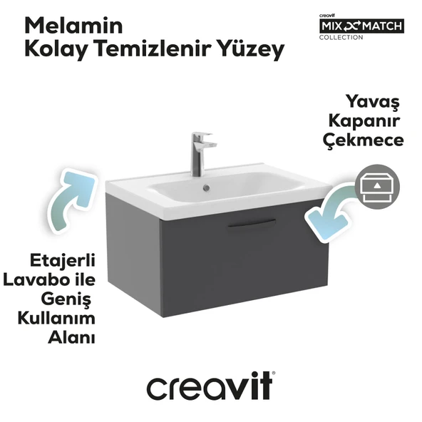 D10 Eksen Lavabo Dolabı Çekmeceli 65 cm Antrasit Melamin - Resim 2