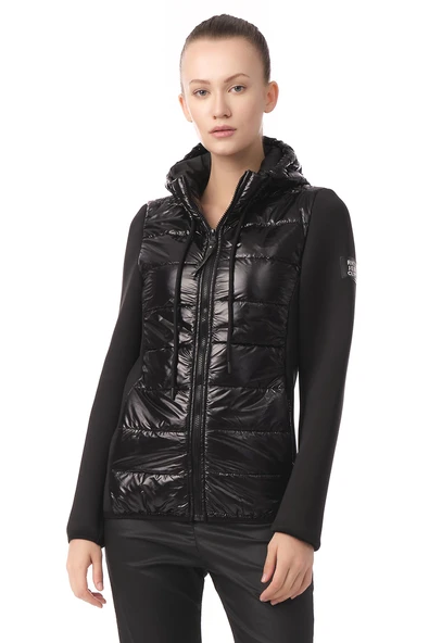 Kadın Kapüşonlu Parlak Şişme Ön, Fermuar Detaylı Spor Mont - Resim 2