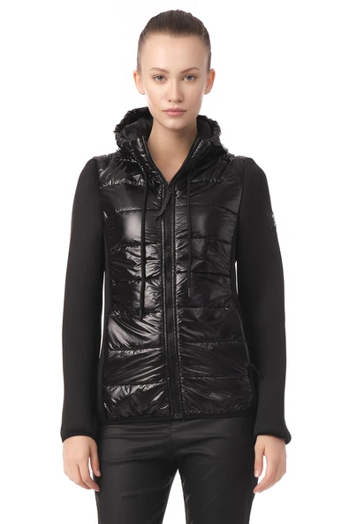 Kadın Kapüşonlu Parlak Şişme Ön, Fermuar Detaylı Spor Mont - Resim 3