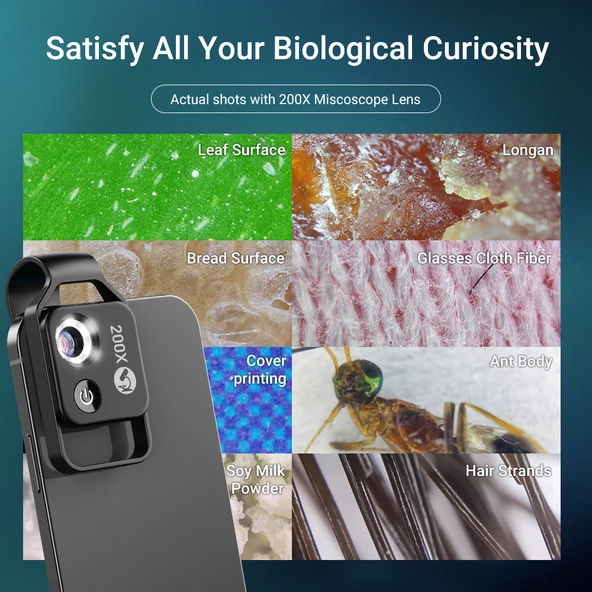 Apexel 200x Büyütmeli Mobil Mikroskop Telefon Lensi LED Işıklı Portatif Tak Çalıştır Polarize Filtreli - Resim 7