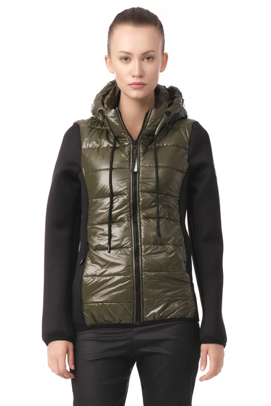 Kadın Kapüşonlu Parlak Şişme Ön, Fermuar Detaylı Spor Mont ürün görseli 1