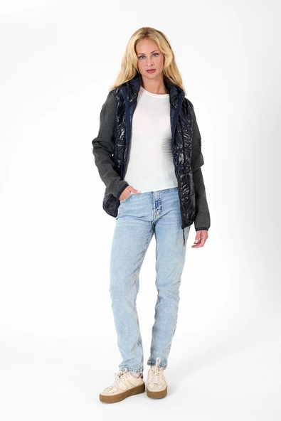 Kadın Kapüşonlu Parlak Şişme Ön, Fermuar Detaylı Spor Mont - Resim 12