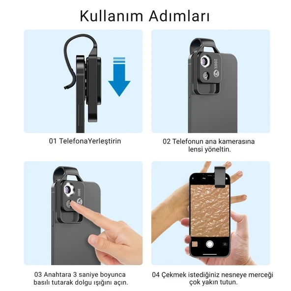 Apexel 200x Büyütmeli Mobil Mikroskop Telefon Lensi LED Işıklı Portatif Tak Çalıştır Polarize Filtreli - Resim 9