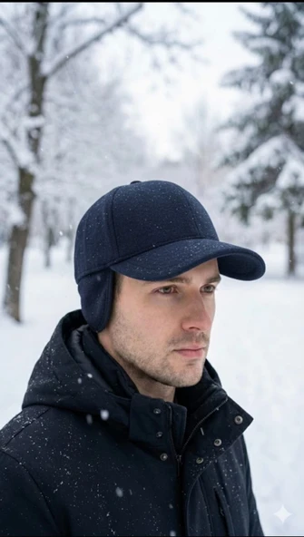 Kulaklı Lacivert Kaşe Şapka Kışlık Kaşe Erkek Şapka ürün görseli 1