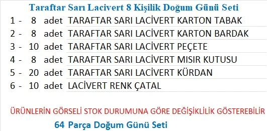 Taraftar Sarı Lacivert 8 Tabak, 8 Bardak, 8 Mısır Kutusu, 10 Peçete, 10 Çatal, 10 Kürdan - Resim 2