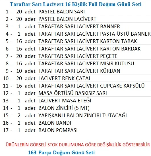 Taraftar Sarı Lacivert 16 Kişilik Full Doğum Günü Seti - Resim 2