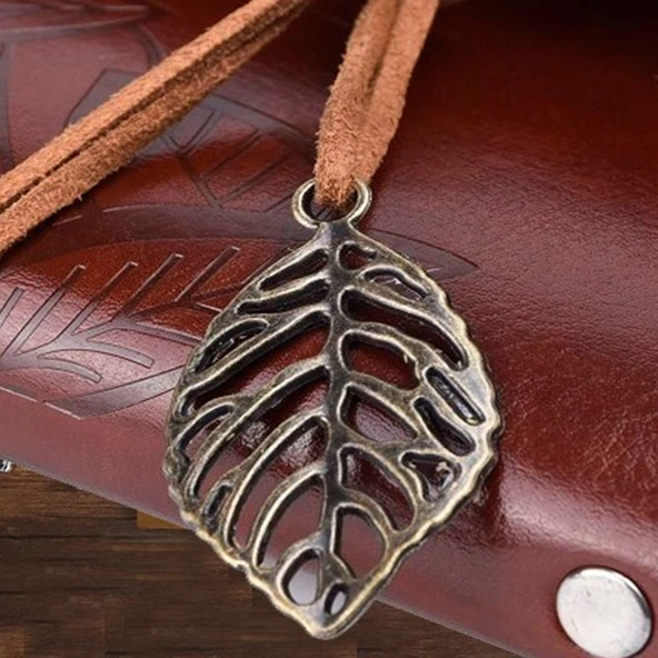 Yaprak Desenli Kahverengi Deri Defter - Resim 3