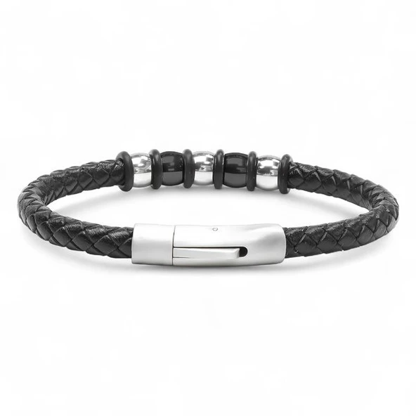 Orijinal Deri ve 316L Çelik Siyah Erkek Bileklik 31834B21D1 - Resim 6