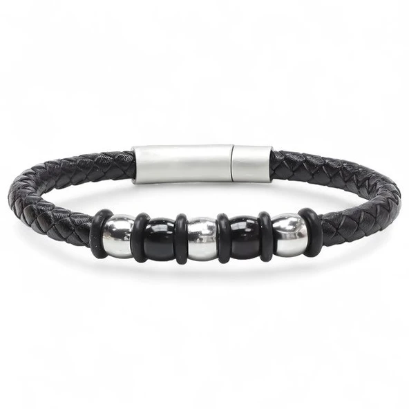 Orijinal Deri ve 316L Çelik Siyah Erkek Bileklik 31834B21D1 - Resim 5