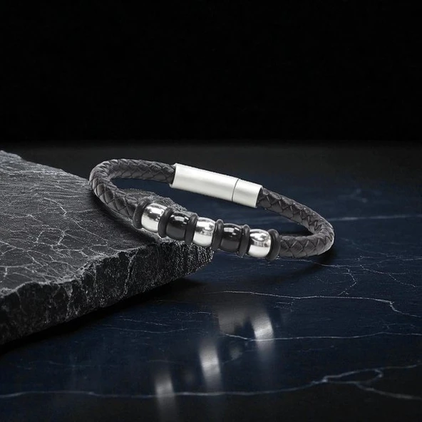 Orijinal Deri ve 316L Çelik Siyah Erkek Bileklik 31834B21D1 - Resim 3