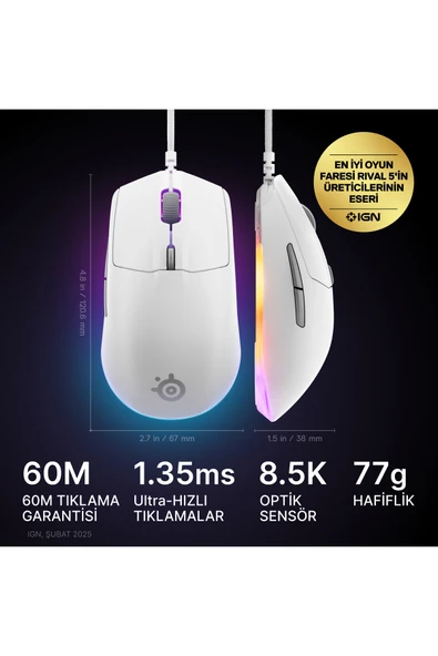SteelSeries Rival 3 Gen 2 Optik 6 Tuş 8500DPI Kablolu RGB Gaming (Oyuncu) Mouse - Beyaz - Resim 3