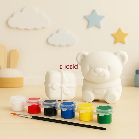 Ehobici Taş Boyama Seti Ayıcık & Hediye Kutusu 6 Renk Akrilik Boya 5ml + Fırça ürün görseli 1