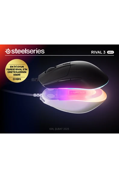 SteelSeries Rival 3 Gen 2 Optik 6 Tuş 8500DPI Kablolu RGB Gaming (Oyuncu) Mouse - Siyah - Resim 2