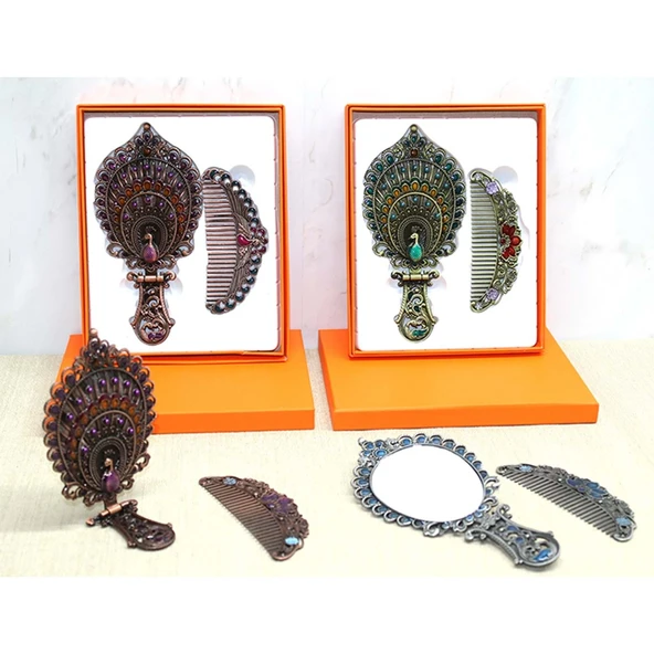 Tavuskuşu Katlanabilir Ayna Ve Tarak Seti Orta Boy ürün görseli 1