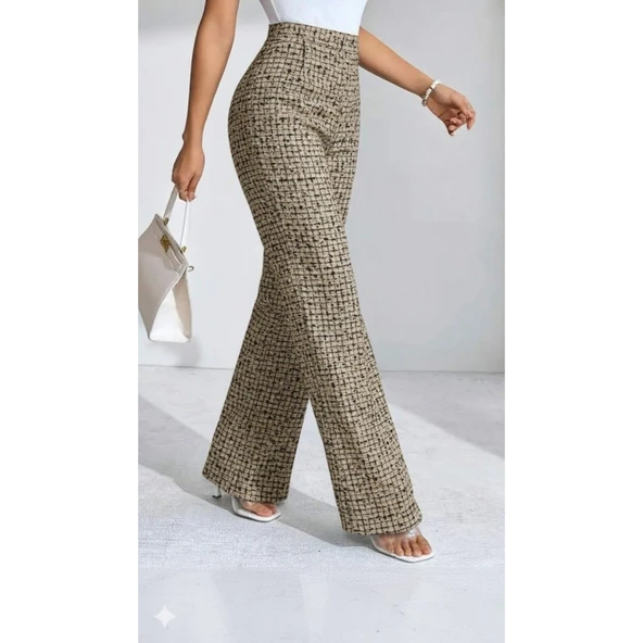 Lucky Life Kadın Yüksek Bel Paçaya Doğru Geniş Dokuma Pantolon - Resim 3