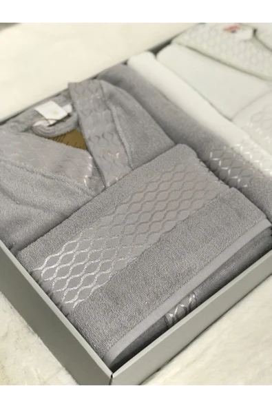 Özdilek Elissa Aile Bornoz Seti - Gri Beyaz - Resim 3