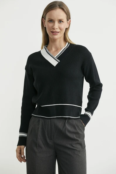 Blok Renk Kombinli Triko Kazak - Siyah - Resim 2