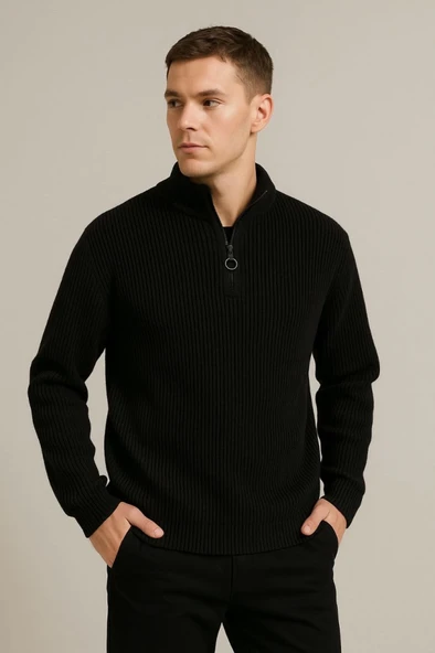 Erkek Yarım Fermuarlı Triko Kazak – Selanik Örgü, Dik Yaka, Pamuklu Dokuma, Regular Fit Uzun Kollu Kışlık Model - Siyah - Resim 2