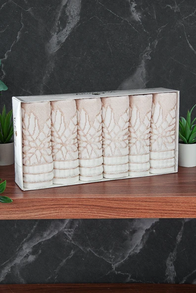 Çınar Jakarlı 6’lı Kadife Pamuklu El ve Yüz Havlu Seti 30x50 cm - 00434- Gold - Resim 2