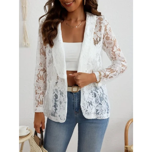 Lucky Life Kadın Uzun Kollu Yakalı önü Açık Dantelli Ceket - Resim 6