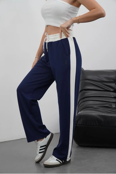 Şeritli garnili pantolon lacivert - Resim 3