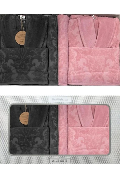 Özdilek Bornoz Takımı Curve Aile Seti Çift Kişilik Pembe-Antrasit ürün görseli 1