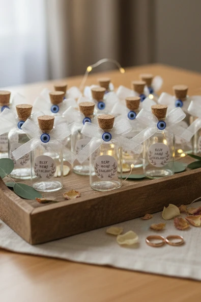 50 Adet Kurdela Nazar Boncuklu Hediyelik Kolonya Şişesi, Nikah Şekeri, Bebek Şekeri - Şeffaf ürün görseli 1