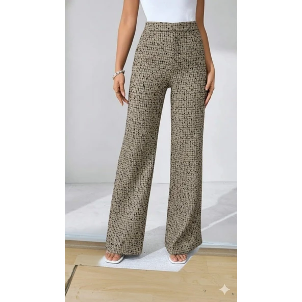 Lucky Life Kadın Yüksek Bel Paçaya Doğru Geniş Dokuma Pantolon ürün görseli 1