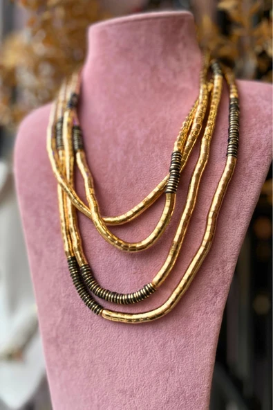 Meva Takı ve Aksesuar Gold & Siyah Katmanlı Boncuk Kolye - Resim 5