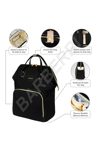 Çok Amaçlı Anne Bebek Bakım Sırt Çantası Klasik Siyah ürün görseli 1