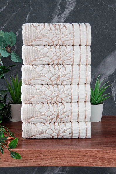 Çınar Jakarlı 6’lı Kadife Pamuklu El ve Yüz Havlu Seti 30x50 cm - 00434- Gold - Resim 3