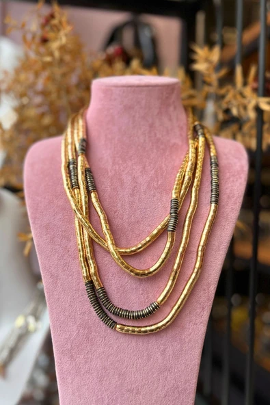 Meva Takı ve Aksesuar Gold & Siyah Katmanlı Boncuk Kolye - Resim 2