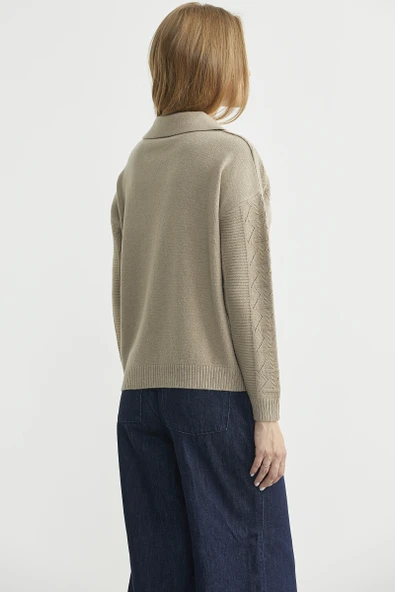 Polo Yaka Motifli Triko Kazak - Kamel - Resim 6