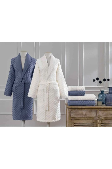 Özdilek Mistico Aile Bornoz Seti İndigo-Krem ürün görseli 1