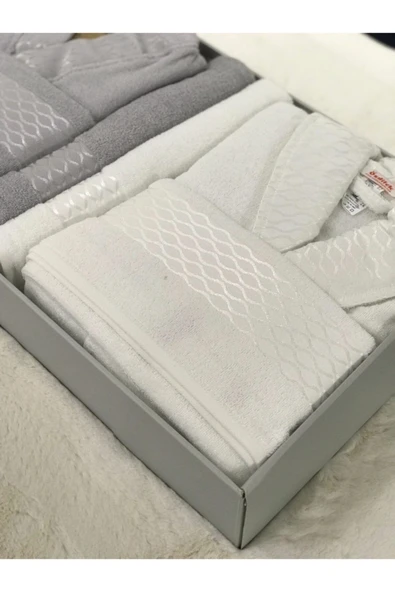 Özdilek Elissa Aile Bornoz Seti - Gri Beyaz - Resim 2