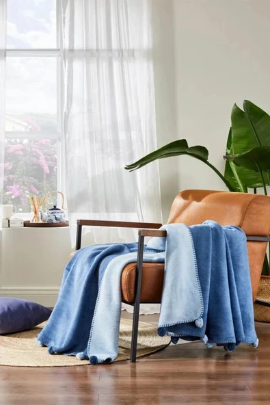 Özdilek Özdilek Battaniye  Ponponlu Pamuk Diz 130*170 Mavi ürün görseli 1