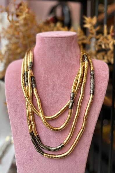 Meva Takı ve Aksesuar Gold & Siyah Katmanlı Boncuk Kolye ürün görseli 1