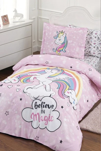 Özdilek Unicorn Ranforce Tek Kişilik Fitted Çarşaf Nevresim Takımı - Pembe ürün görseli 1