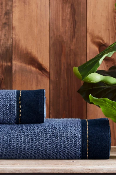 Özdilek Oregon Maskülen Nakışlı Denim 2'Li Havlu Set - Lacivert - Resim 2