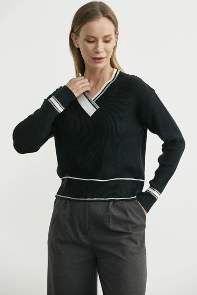 Blok Renk Kombinli Triko Kazak - Siyah - Resim 3