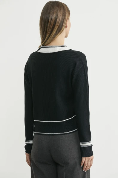 Blok Renk Kombinli Triko Kazak - Siyah - Resim 5